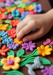 Obraz na płótnie Canvas Generative AI, small child sculpts flowers from plasticine, hands, fingers, hobby, early development, kindergarten, modeling, kid, baby, do it yourself, crafts, fine motor skills, toddler, clay