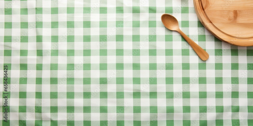 Poster White wooden table covered with green tablecloth and cooking utensils. View from top. Empty tablecloth for product montage. Free space for your text : Generative AI