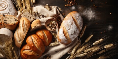 Homemade natural breads. Different kinds of fresh bread as background, top view with copy space. : Generative AI - obrazy, fototapety, plakaty