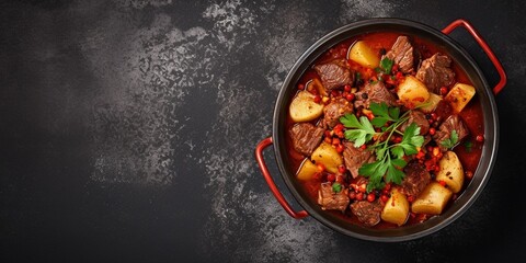 Beef stew with potatoes, carrots in tomato sauce in red pot, top view, gray background, copy space. : Generative AI - obrazy, fototapety, plakaty