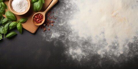 Homemade pizza background with wooden rolling pin, flour and basil leaves on grey kitchen table at...