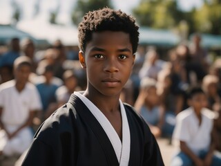  Portrait of a black American  karate child in kimono, blurry background. - obrazy, fototapety, plakaty