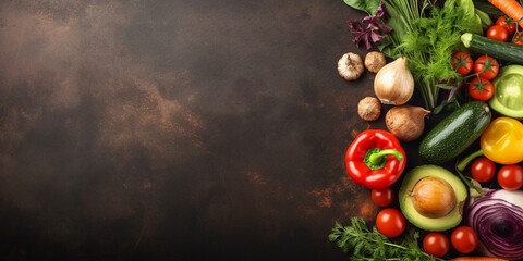 Raw organic vegetables with fresh ingredients for healthily cooking on vintage background, top view, banner. Vegan or diet food concept. Background layout with free text space. : Generative AI - obrazy, fototapety, plakaty