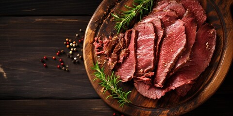 Pastrami slices, dried beef meat with herbs in wooden plate. Wooden background. Top view. Copy space : Generative AI - obrazy, fototapety, plakaty
