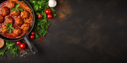 Spaghetti pasta with meatballs in tomato sauce with parsley in frying pan, dark table background, top view. Banner, copy space : Generative AI