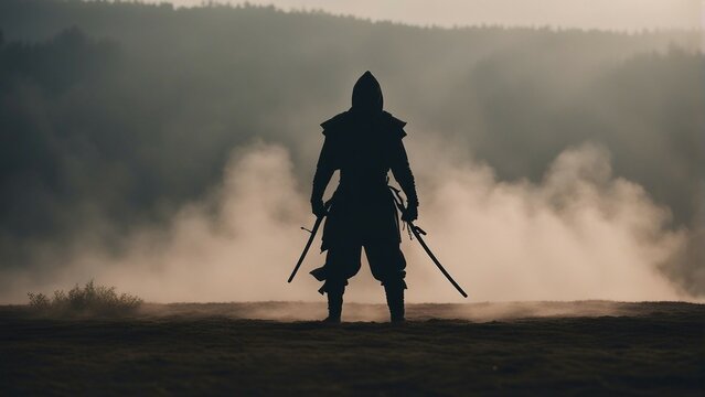 silhouette of a ninja fighter in smoke and fog