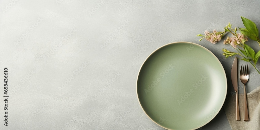 Poster modern minimal table place setting neutral green color on gray concrete background top view. space f