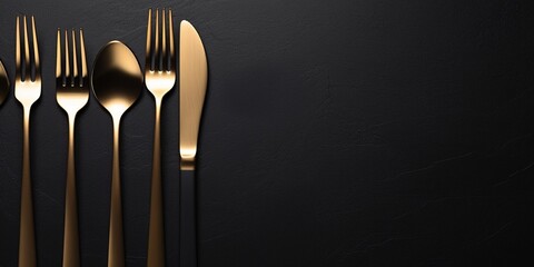 Set of stylish black and gold cutlery on black background. Dark and moody vibes. Fashionable and luxury eating. Flat-lay, top view. Copy space for your text. : Generative AI - obrazy, fototapety, plakaty