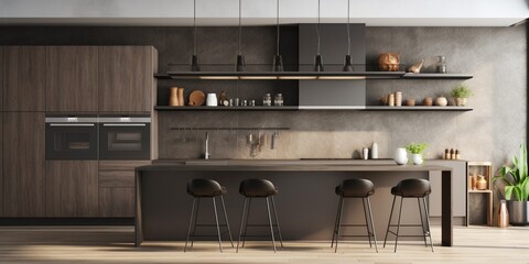 Interior of modern kitchen with shelves : Generative AI