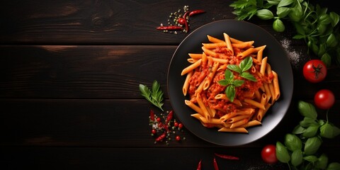 Top view plate Penne All'arrabbiata pasta cooked according to a traditional Italian recipe with...