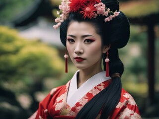 Portrait of a geisha adorned in traditional attire