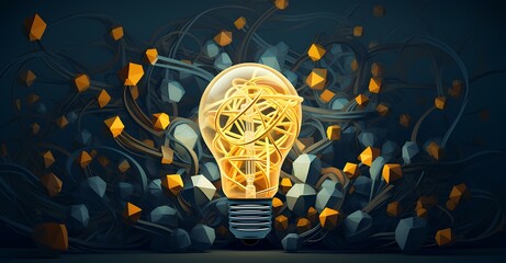 a light bulb is coming from a tangled bunch of paper. clarifying complex ideas theme with light bulb. light navy and yellow. graphic lines. generative AI