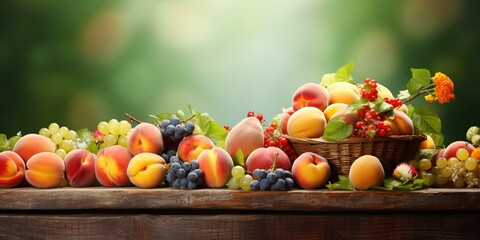 Fresh fruits. Healthy food. Mixed fruit, apricots and peaches. Copy space : Generative AI