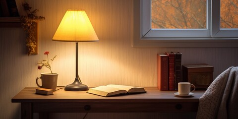 View of a cozy reader's corner with a table lamp spending warm light : Generative AI