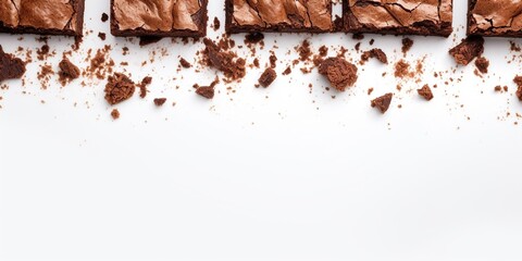 Chocolate brownies on white background, top view, copy space. Delicious homemade dark chocolate dessert, brownie. : Generative AI - obrazy, fototapety, plakaty