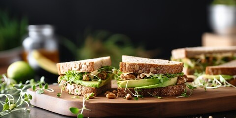 Close up of sandwiches with avocado in kitchen at home, copy space : Generative AI