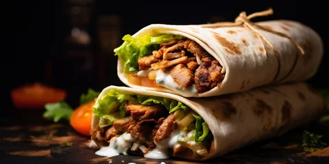 Fotobehang Chicken shawarma durum doner kebab copy space. kafta shawarma chicken pita wrap roll sandwich traditional arab mid east food : Generative AI © Generative AI