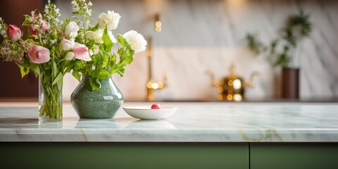 Clean and empty marble countertop, green vintage kitchen furniture with lots of flowers and bowl of strawberries, pair of white hanging pendant lights, various crockery in blurred back : Generative AI