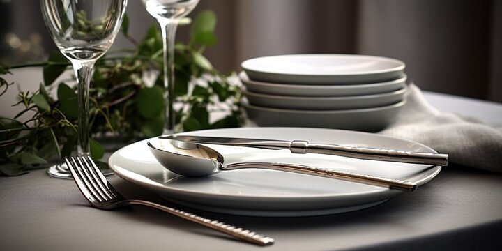 Holiday table place setting. Empty plate spoon fork and knife on table. Elegant table set with glasses. Grey dishes on white kitchen. Tableware. : Generative AI