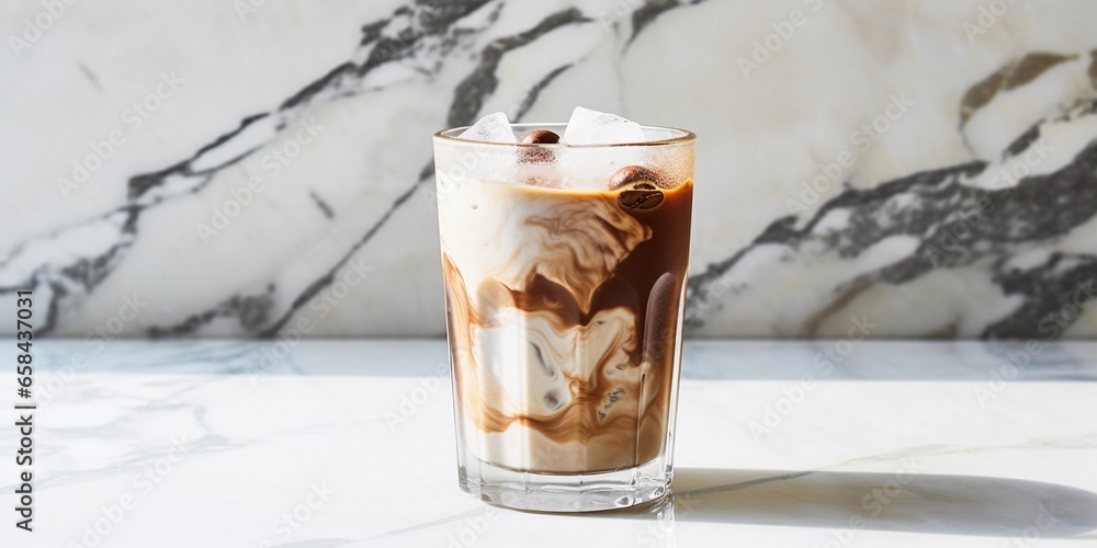 Aufkleber iced cocoa in clear glass on marble, copy space for your text : generative ai