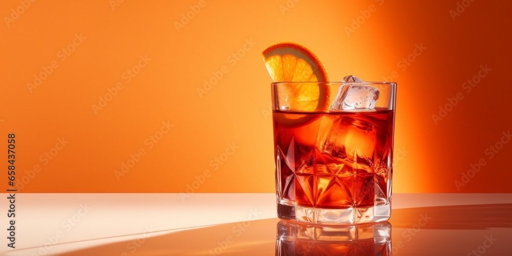 Poster Glass of tasty Negroni cocktail on light background with space for text : Generative AI