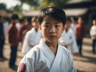 Fotobehang Portrait of an Asian karate child in kimono, blurry background. © abu