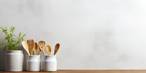 Kitchen utensils background with a blank space for a text, home kitchen decor concept, front view :...