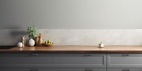 Front view of elegant interior with gray drawers under kitchen cabinet. empty wooden table and marble countertop in room. modern equipment for cooking. well organized space for storage : Generative AI