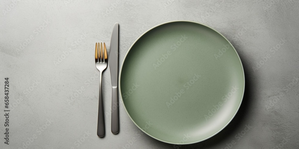 Poster modern minimal table place setting neutral green color on gray concrete background top view. space f