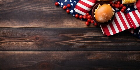 Obraz premium Table with food for USA 4th July Independence Day. Fourth July party or picnic food with burgers, chicken wings, corn, fries and beer, decorated with american flags, top view, copy spa : Generative AI