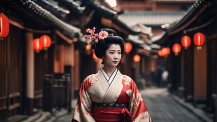 Portrait of a geisha adorned in traditional attire - obrazy, fototapety, plakaty