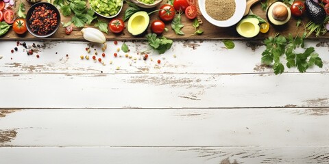 Taco bar top border with an assortment of ingredients. Overhead view on a rustic white wood banner background. Mexican food buffet. Copy space. : Generative AI