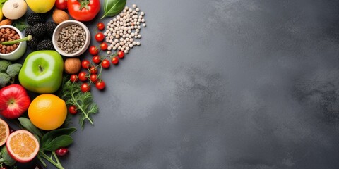 Healthy food clean eating selection: fruit, vegetable, seeds, superfood, cereals, leaf vegetable on gray concrete background copy space : Generative AI