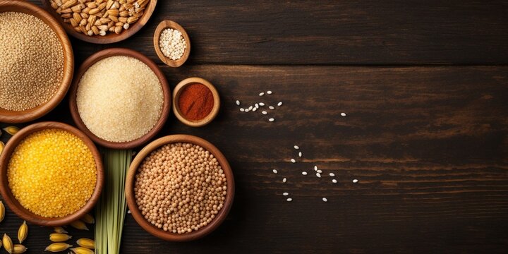 Gluten free cereals. Rice, buckwheat, corn groats, quinoa and millet in wooden bowls. Top view flat lay with copy space : Generative AI