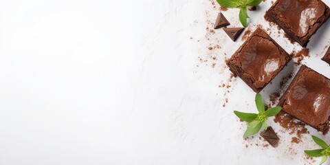 Fresh chocolate brownies on white. Delicious homemade chocolate dessert, pie brownie and ingredients, top view, copy space. : Generative AI - obrazy, fototapety, plakaty