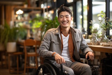 A disabled man on a wheelchair in the office Young man with disabilities in Asia. A man on a wheelchair Recovery and health care ideas Teamwork in Office : Generative AI
