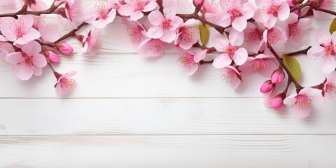 Naklejka na ściany i meble Two spring flowering branches with a lot of pink blossoms on white wooden background. Rustic composition, many spring tree flowers on vintage wood textured table. Close up, copy text s : Generative AI