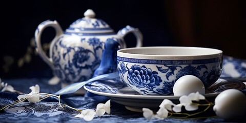 Fototapeta premium Blue and white porcelain tableware : Generative AI