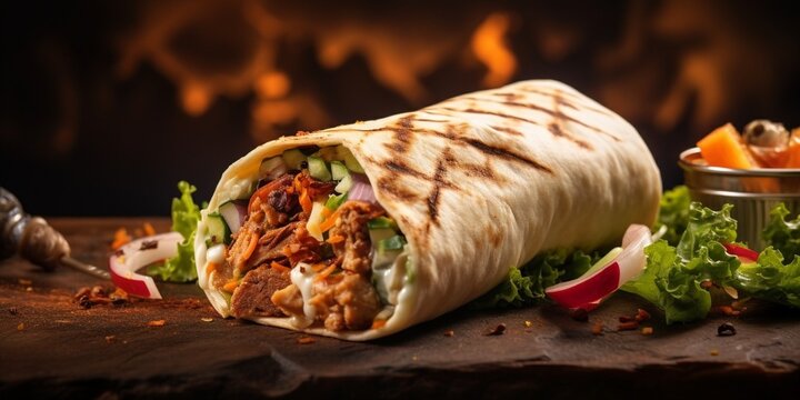 Chicken shawarma durum doner kebab copy space. kafta shawarma chicken pita wrap roll sandwich traditional arab mid east food : Generative AI