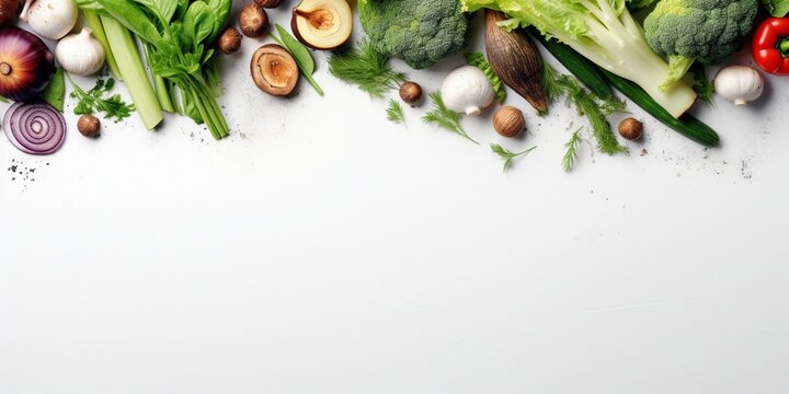 Autoimmune protocol and paleo-friendly diet concept. 100 percent vegan, organic, sugar free, low carb, Fresh and healthy veggies background. Mix of green vegetables on white table, cop : Generative AI