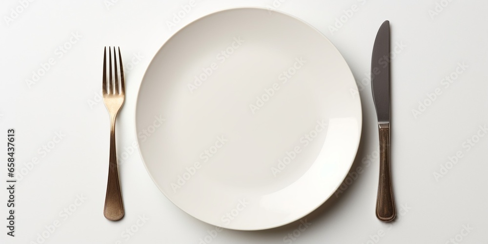 Poster white plate, fork and knife on light background. toned image. : generative ai