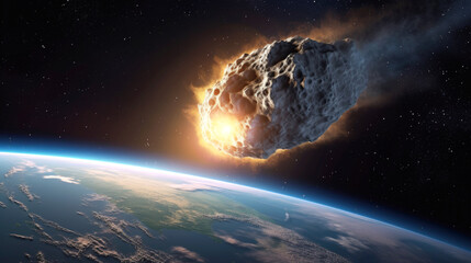 Giant Planet Killer Asteroid Crashing into the Planet Earth and Entering the Earth's Atmosphere. End of the World Event or Doom's Day for Planet Earth view from Outer Space. - obrazy, fototapety, plakaty
