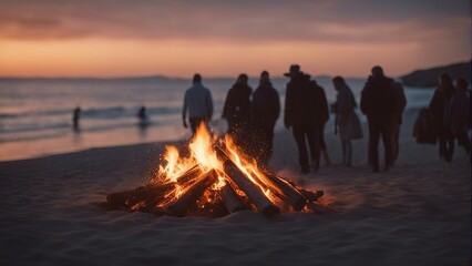 silhouettes of people having fun around a bonfire, sitting and watching the sunset