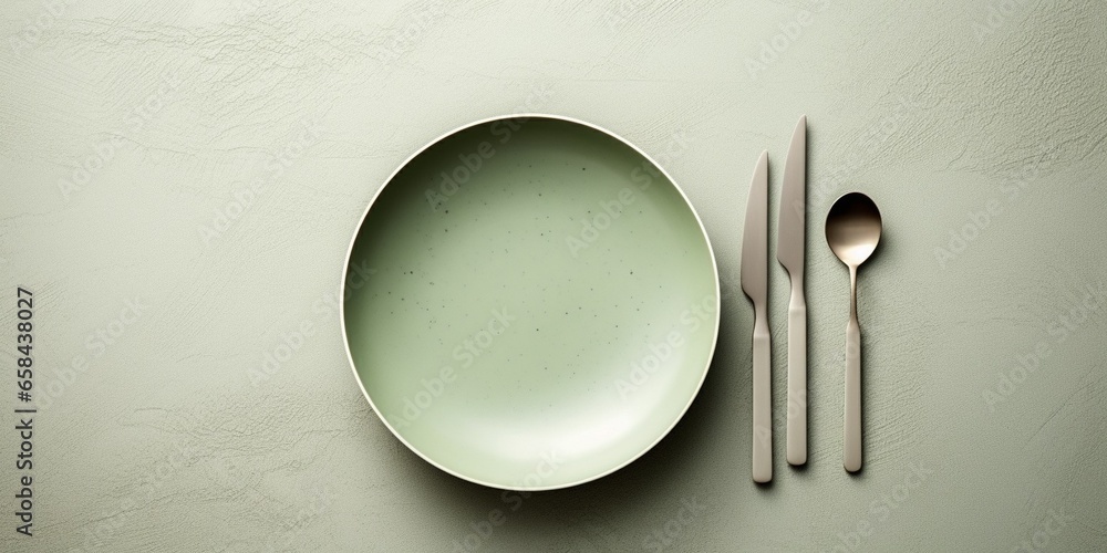 Poster modern minimal table place setting neutral green color on gray concrete background top view. space f