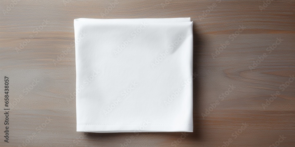 Poster top view with white empty kitchen napkin isolated on table background. Folded cloth for mockup with copy space, Flat lay. Minimal style. : Generative AI