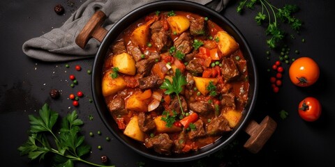 Beef stew with potatoes, carrots in tomato sauce in red pot, top view, gray background, copy space. : Generative AI