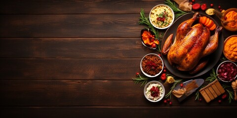 Classic Thanksgiving turkey dinner. Top down view side border on a dark wood background with copy space. Turkey, mashed potatoes, stuffing, pumpkin pie and sides. : Generative AI - obrazy, fototapety, plakaty