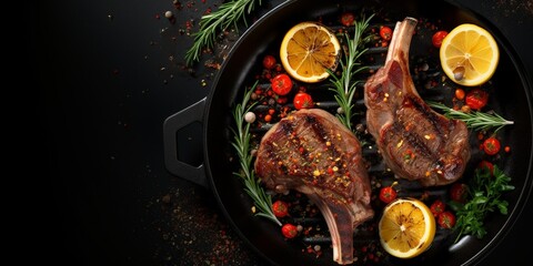 BBq Grilled lamb mutton chops steaks in a pan. Black background. Top view. Copy space : Generative AI - obrazy, fototapety, plakaty