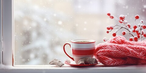 Winter background - cup with candy cane, woolen scarf and gloves on windowsill and winter scene outdoors. Still life with concept of spending winter time at cozy home with cold weather : Generative AI - obrazy, fototapety, plakaty