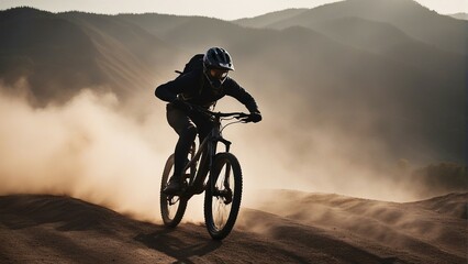 silhouette of a cyclist descending a hill on a mountain bike in dust and smoke - obrazy, fototapety, plakaty